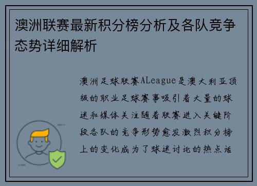 澳洲联赛最新积分榜分析及各队竞争态势详细解析